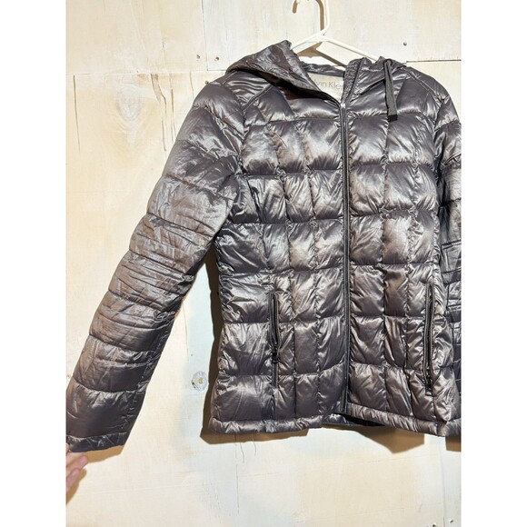 Calvin Klein Premium Down Packable Quilted Hooded Silver Puffer Jacket M - Picture 5 of 14